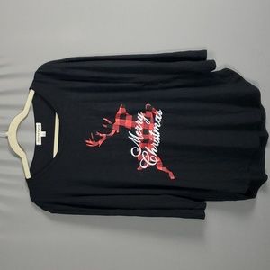 Above and Beyond 3/4 Sleeve Buffalo Plaid Deer Merry Christmas Tee, Women's 1X